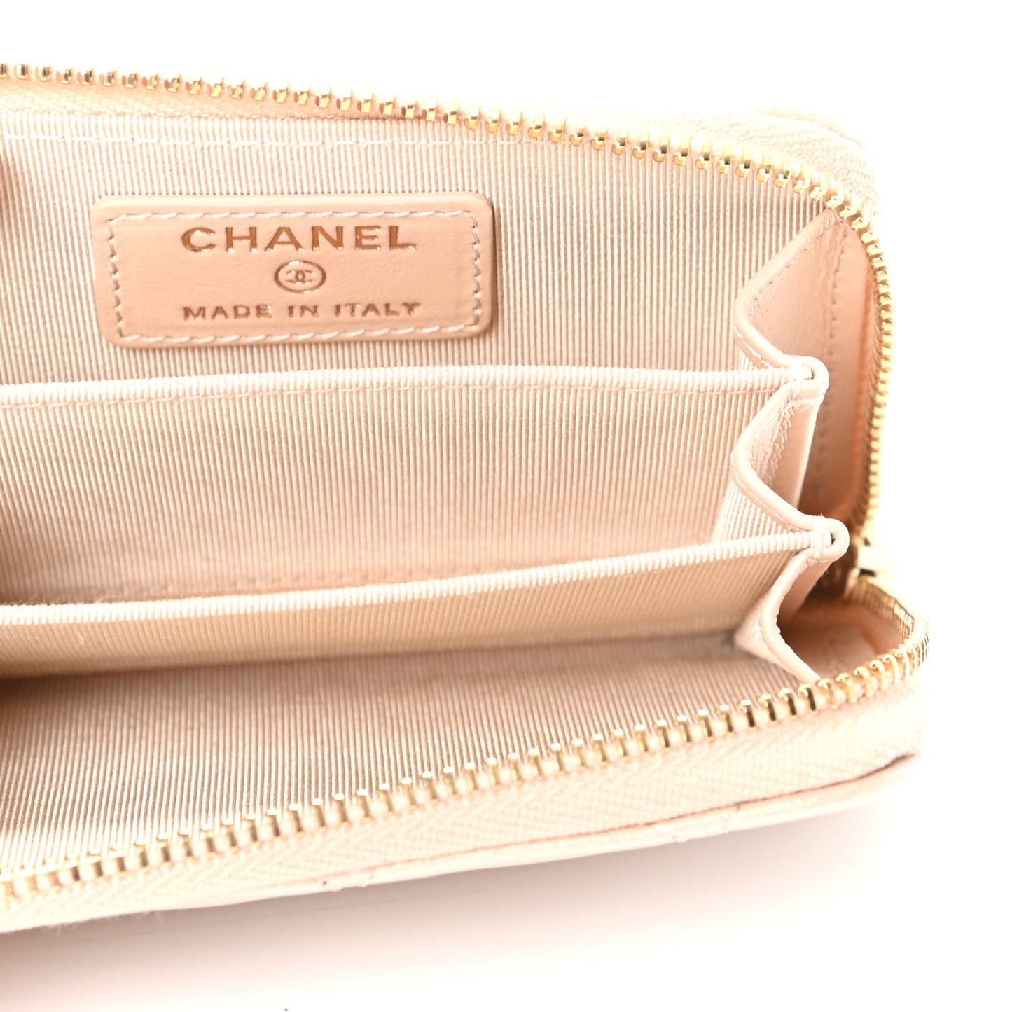 Iridescent Calfskin Quilted Zip Coin Purse Wallet Beige