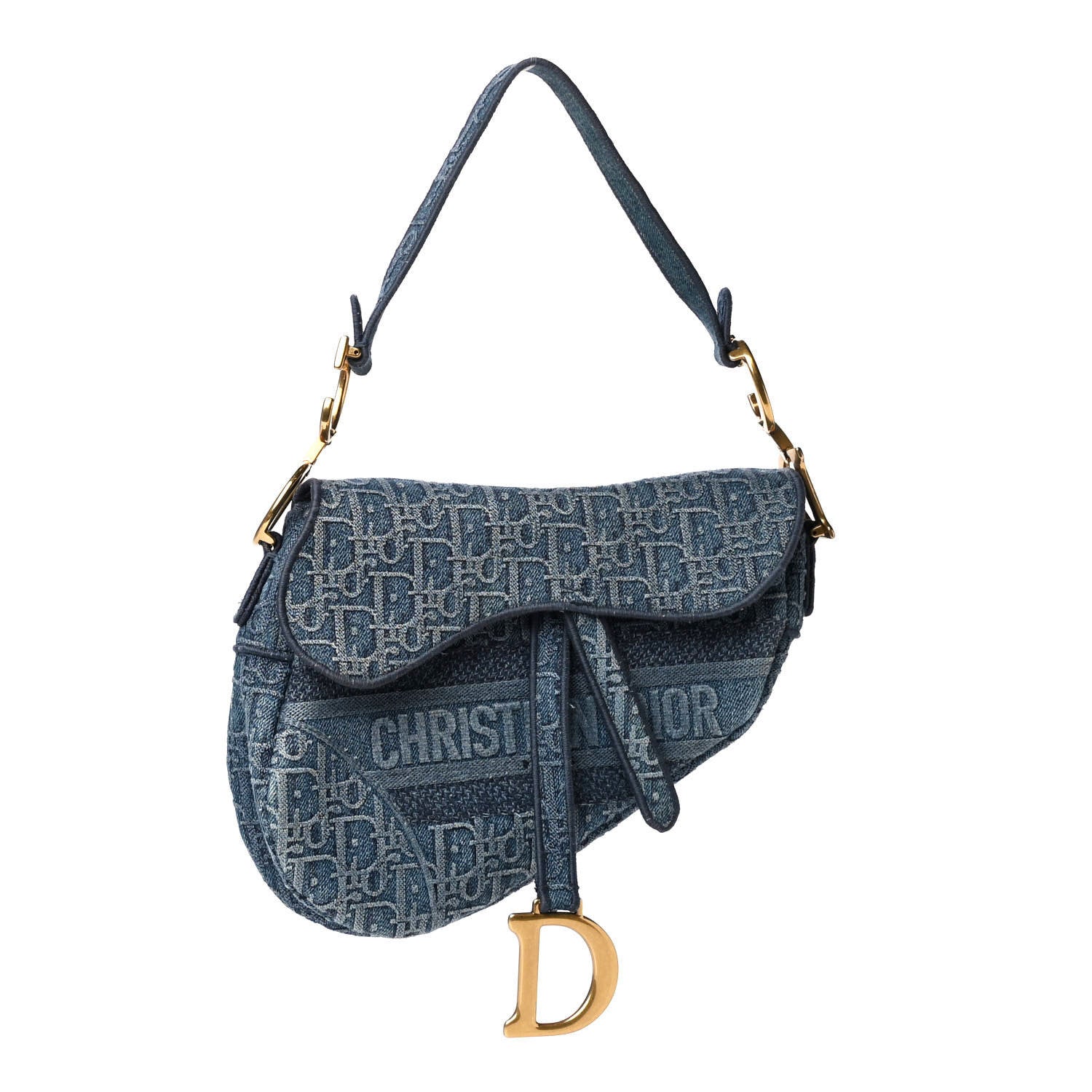Christian Dior Oblique Embroidered Saddle Bag Denim Blue 1 of 6