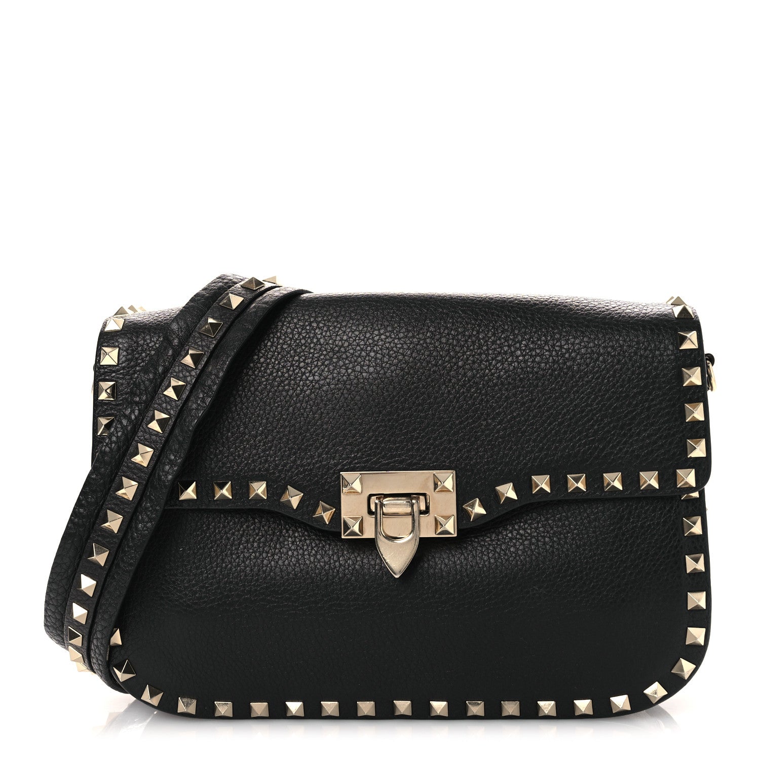 Valentino Garavani Pebbled Calfskin Medium Rockstud Flap Saddle Bag Black 1 of 15
