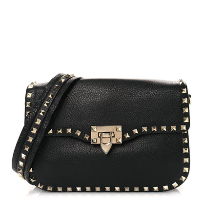 Valentino Garavani Pebbled Calfskin Medium Rockstud Flap Saddle Bag Black 1 of 15