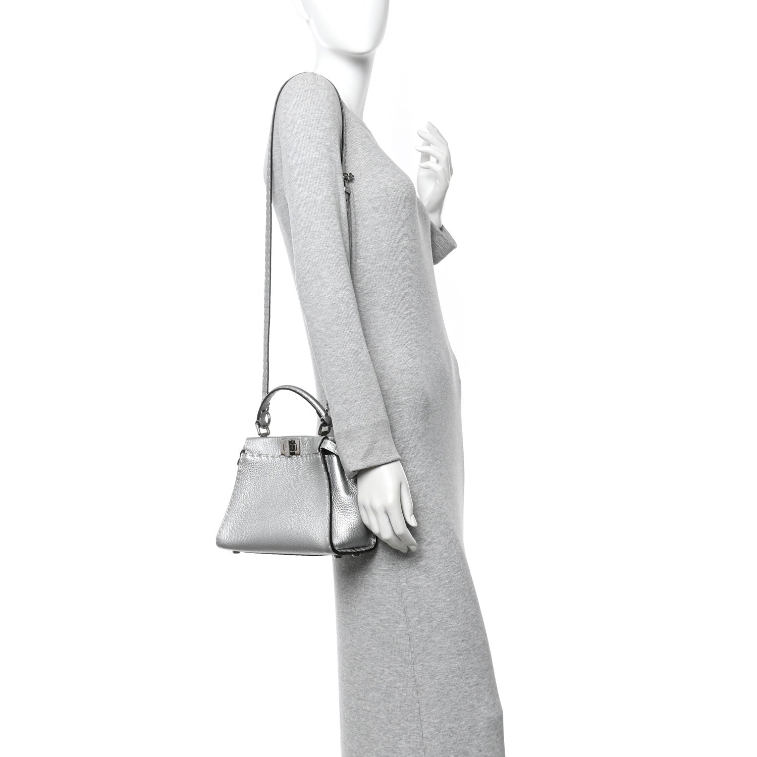 Fendi Cuoio Romano Lux Selleria Mini Peekaboo Iconic Satchel Argento 2 of 13
