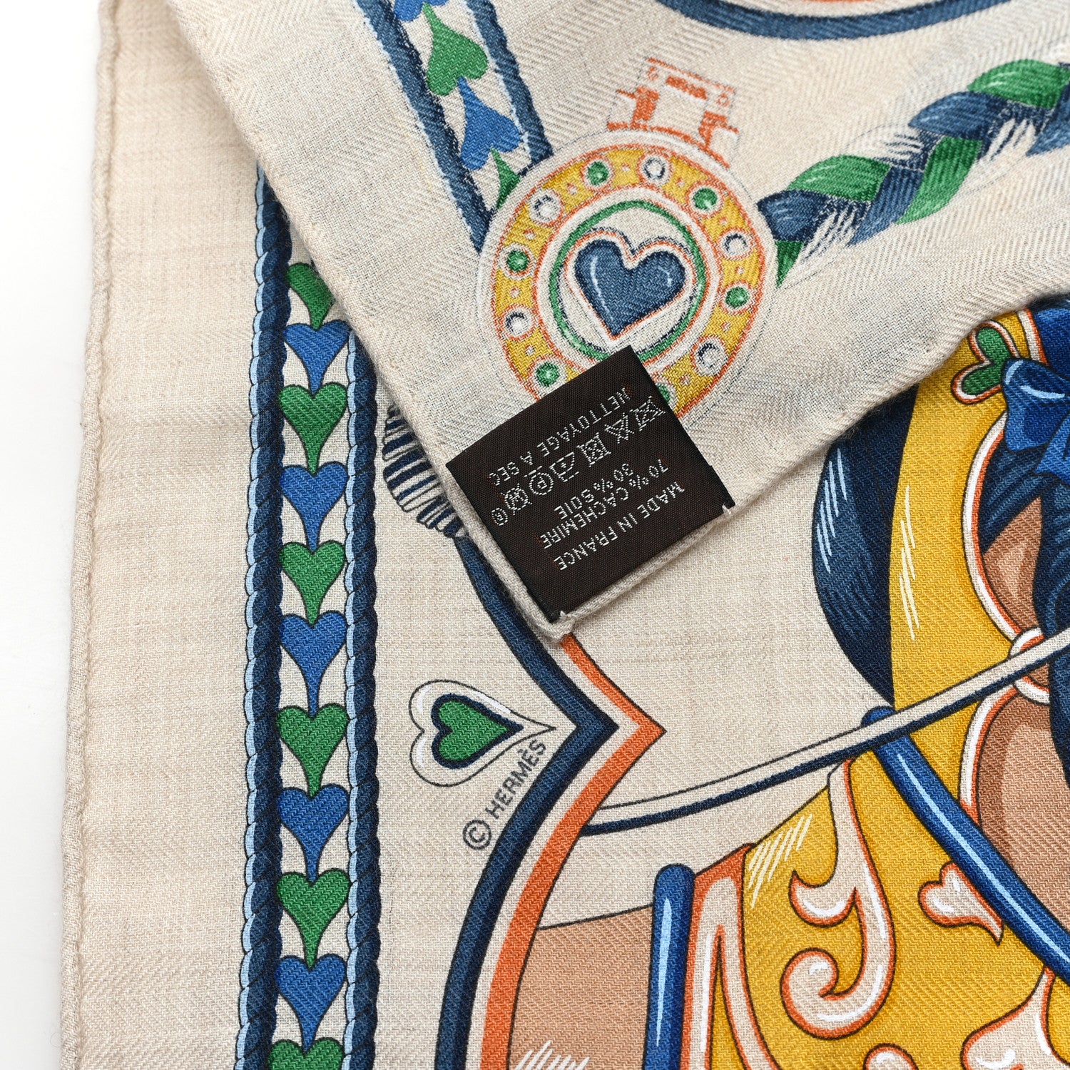 Hermes Cashmere Silk Harnais De Cour Scarf 45 Naturel Vert Bleu 3 of 3