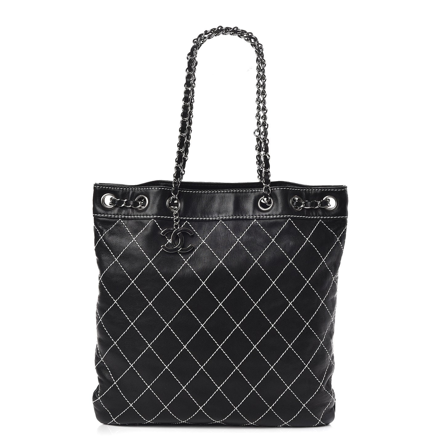 Lambskin Contrast Stitch Shoulder Bag Black