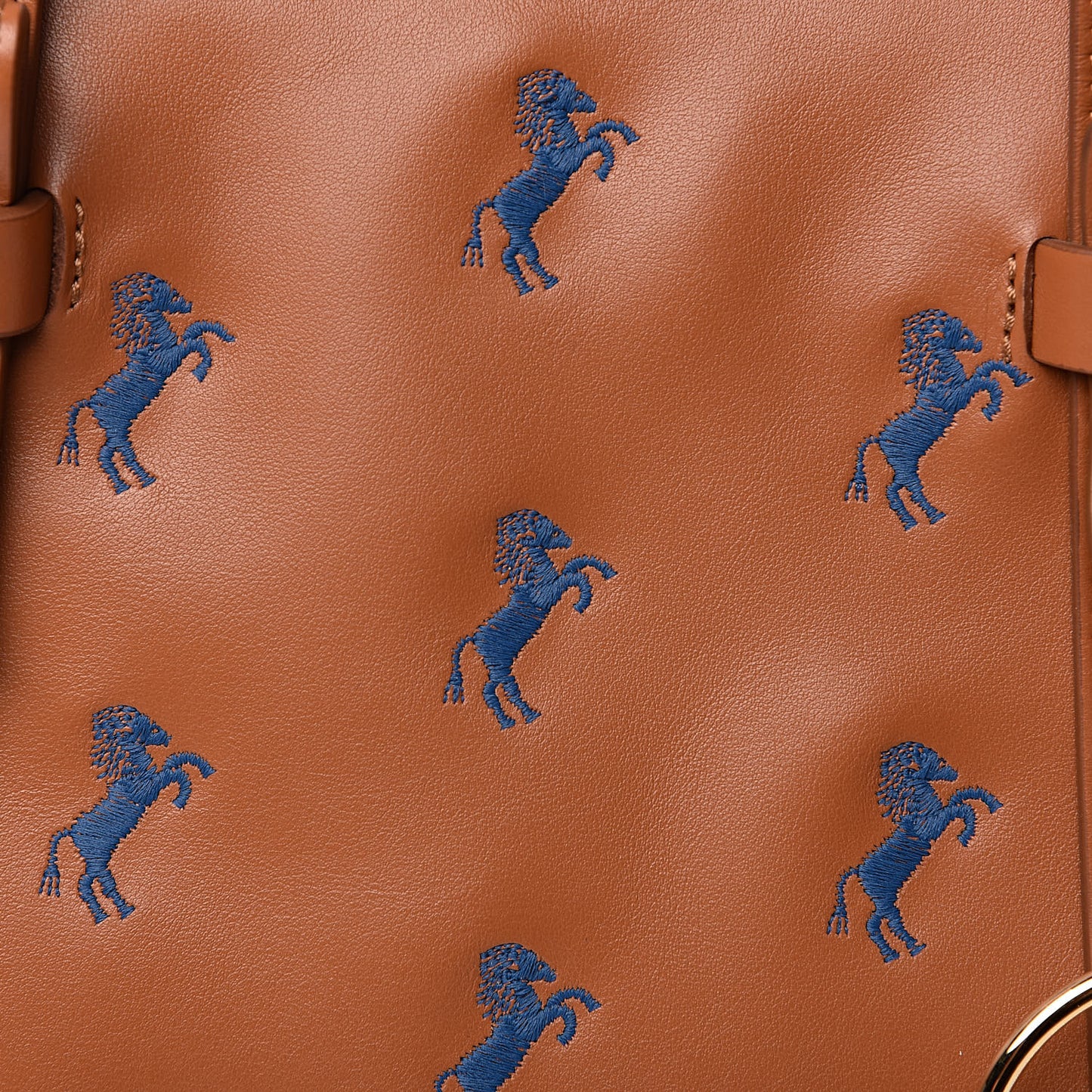 Smooth Calfskin Little Horses Embroidered Tao Zipped Tote Caramel
