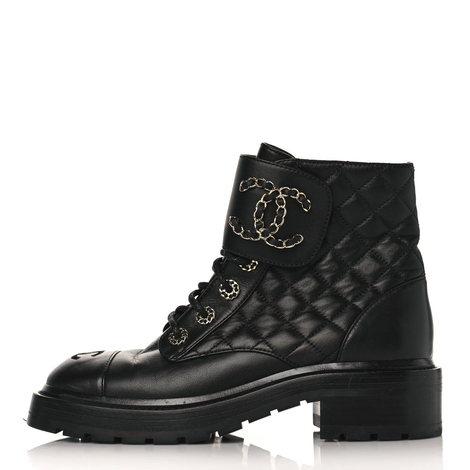Chanel Shiny Calfskin Quilted Lace Up Combat Boots 37 Black 1 of 7
