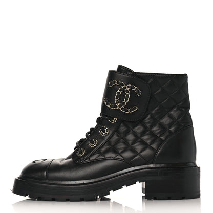 Chanel Shiny Calfskin Quilted Lace Up Combat Boots 37 Black 1 of 7