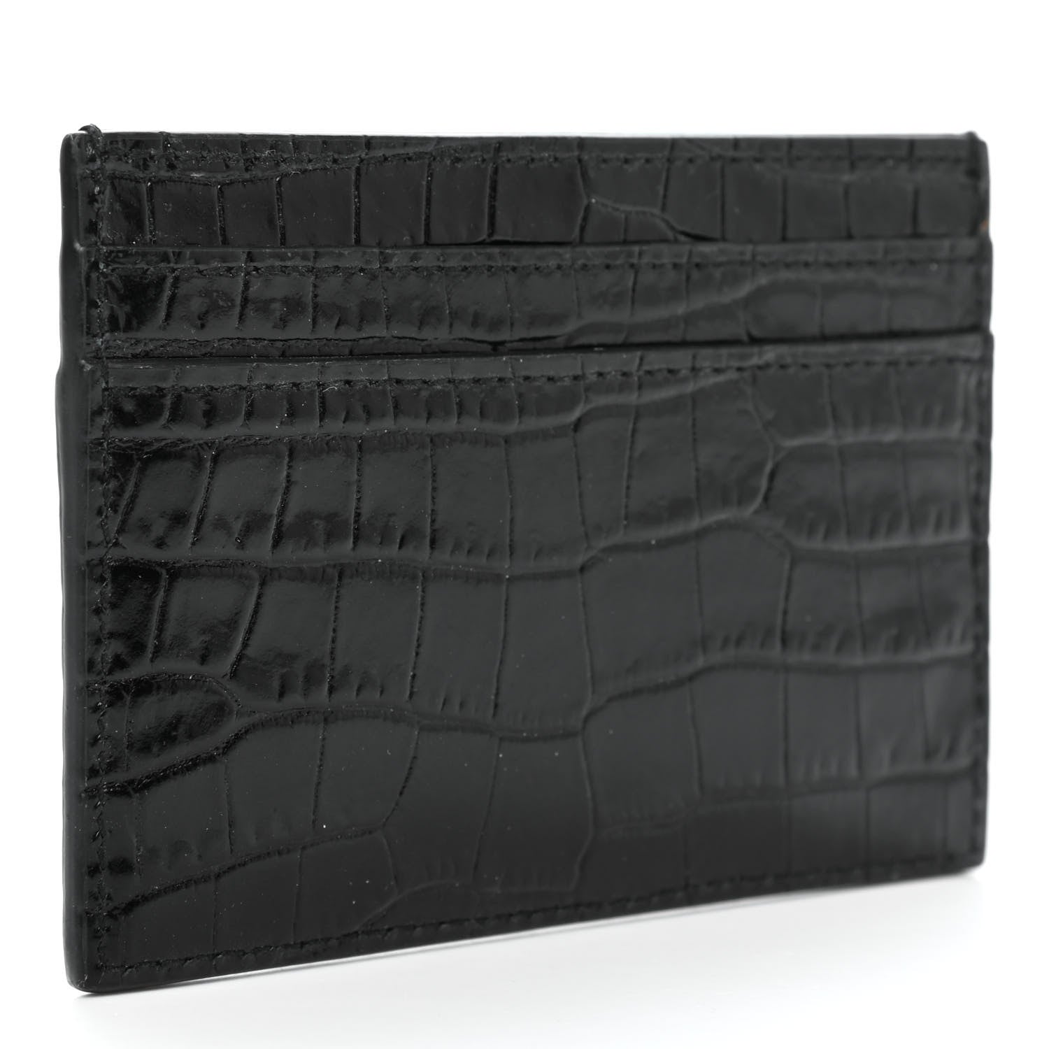 Saint Laurent Calfskin Crocodile Embossed Monogram Credit Card Case Black 3 of 9