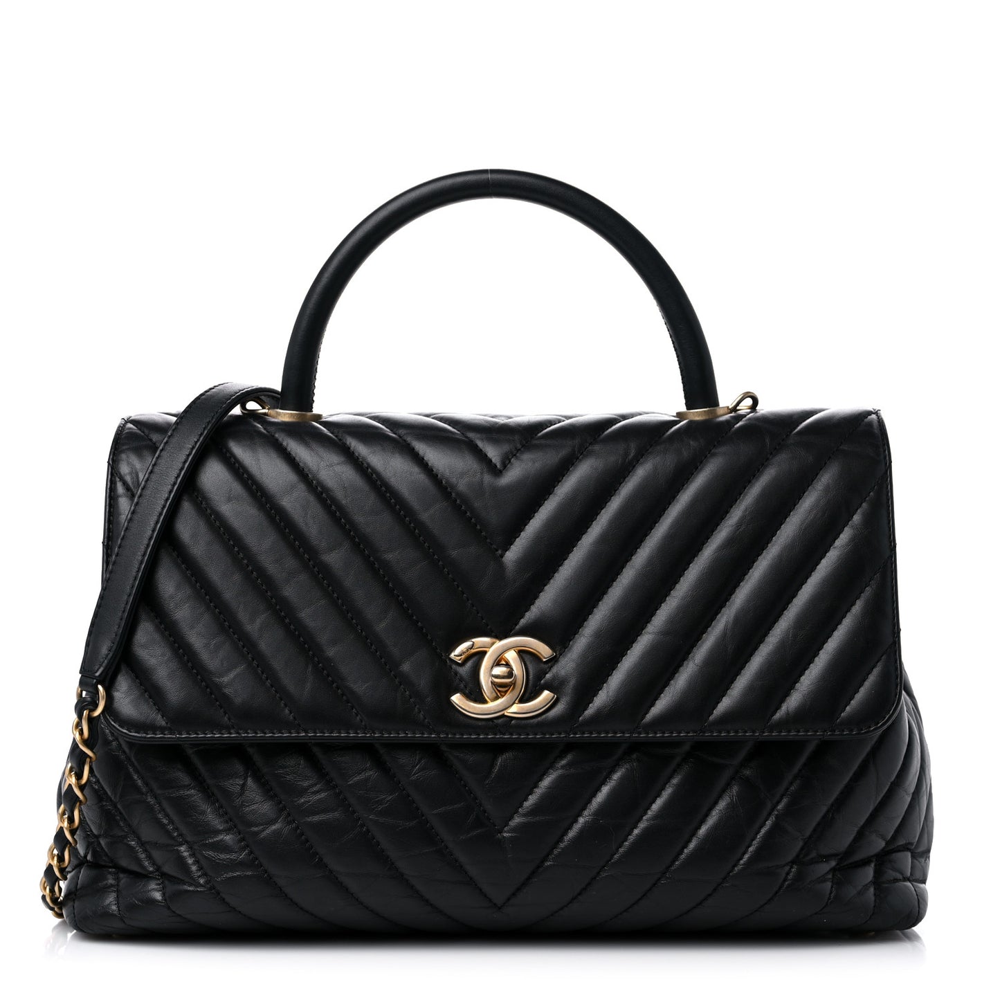 Calfskin Chevron Quilted Medium Coco Handle Flap Black