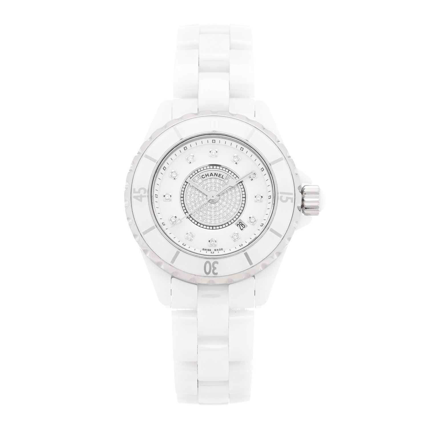 Chanel Stainless Steel Ceramic Diamond Dial 33mm J12 Quartz Watch White 1 of 4