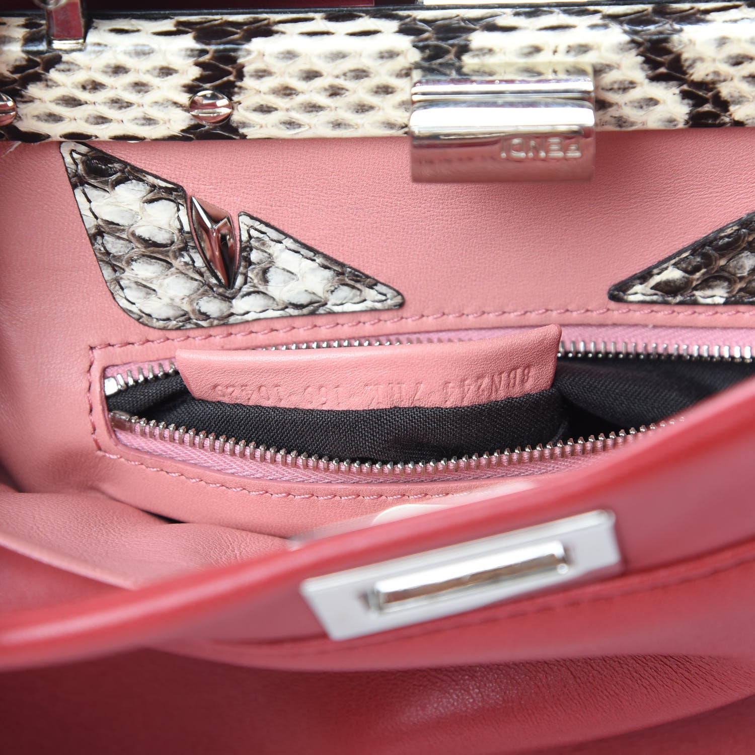 Fendi Nappa Elaphe Monster Eyes Mini Peekaboo Iconic Satchel Ruby Bois de Rose Natural 8 of 17