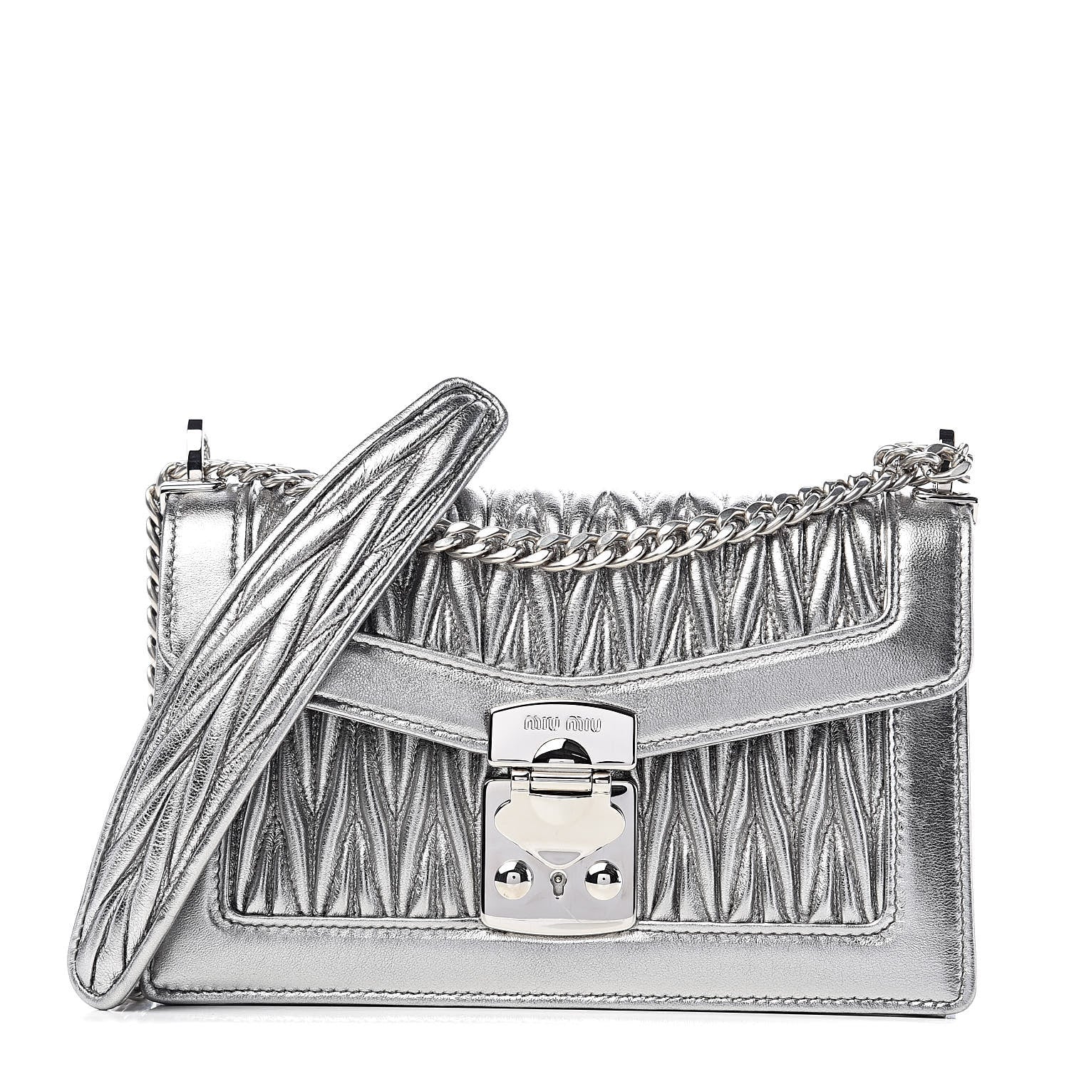 Miu Miu Metallic Lambskin Confidential Matelasse Chain Shoulder Bag Cromo 1 of 11