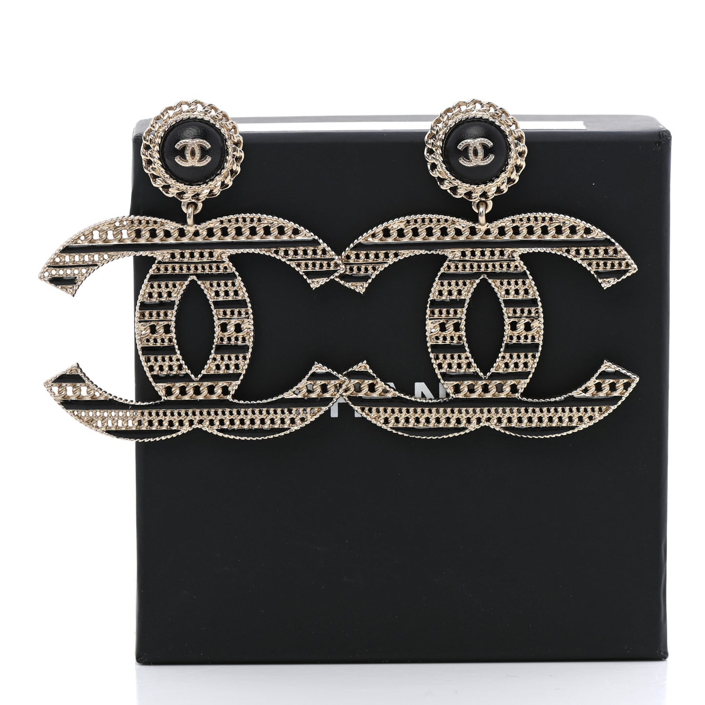 Metal Enamel Chain CC Drop Earrings Gold Black