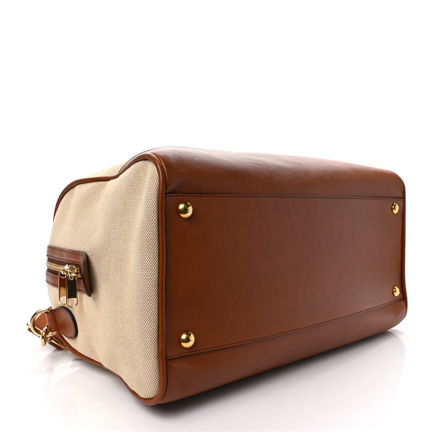 Canvas Calfskin Vintage Web Travel Duffle Bag Beige Cuir