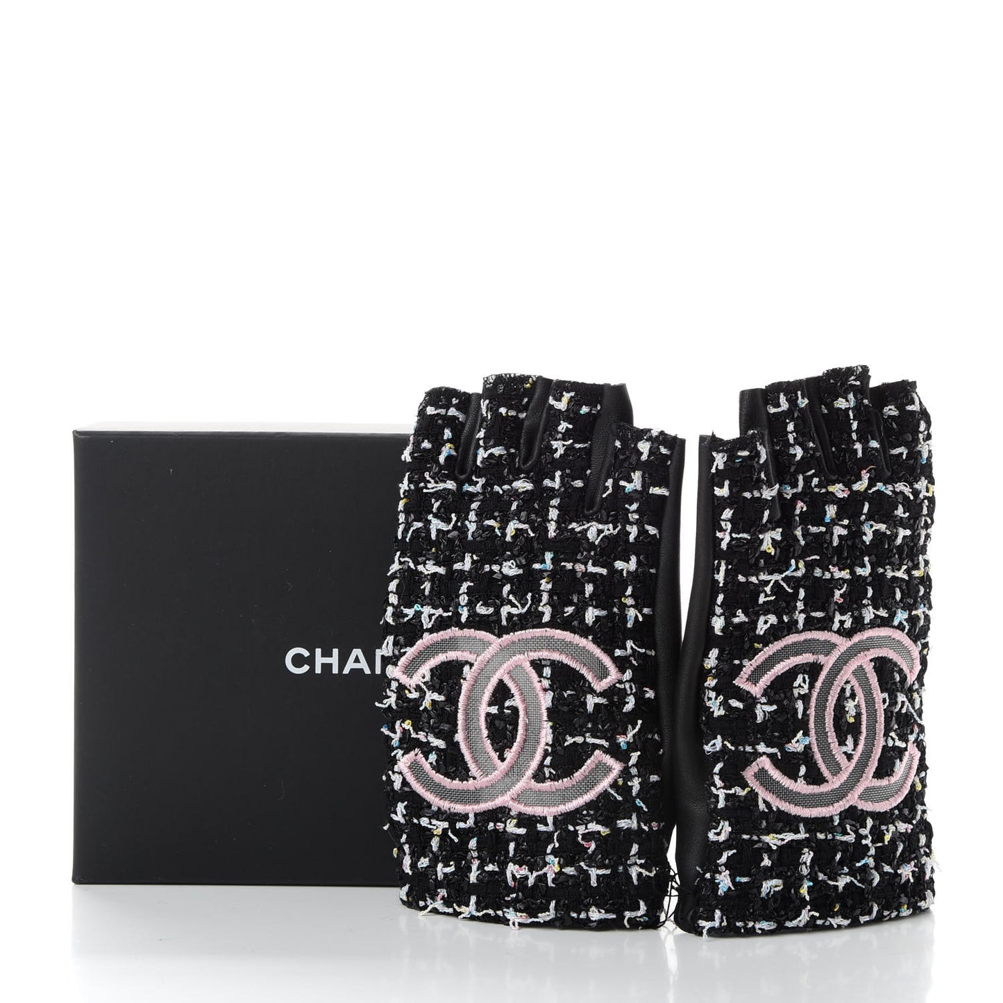 Fantasy Tweed CC Fingerless Gloves 8 Black White Pink