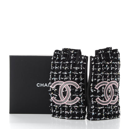 Chanel Fantasy Tweed CC Fingerless Gloves 8 Black White Pink 5 of 5