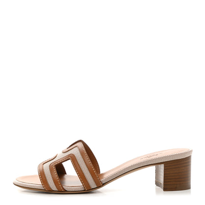 Hermes Calfskin Canvas Oasis Sandals 35.5 Noisette Beige Dore 1 of 9