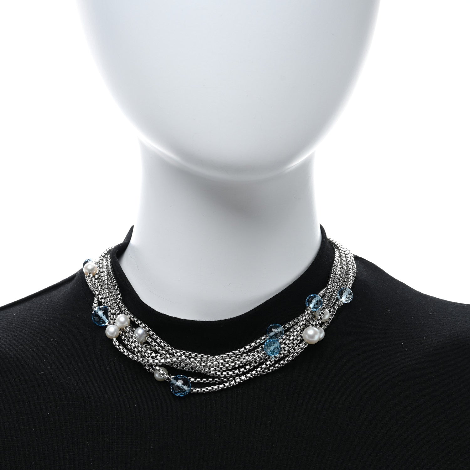 David Yurman Sterling Silver 18K Yellow Gold Freshwater Cultured Pearl Blue Topaz Multi Strand Necklace 2 of 5