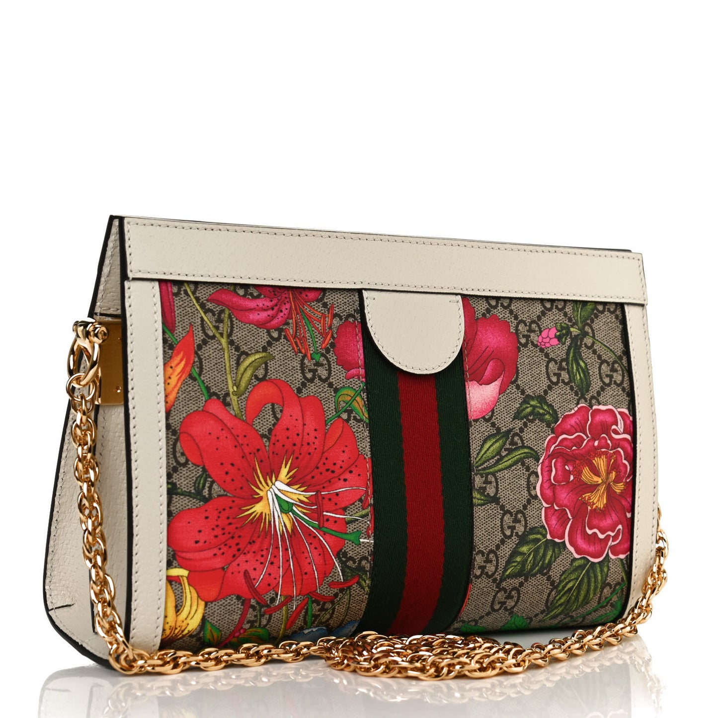 GG Supreme Monogram Flora Web Small Ophidia Chain Shoulder Bag White