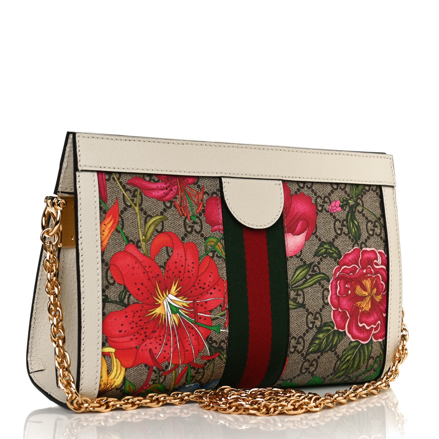 Gucci GG Supreme Monogram Flora Web Small Ophidia Chain Shoulder Bag White 3 of 11
