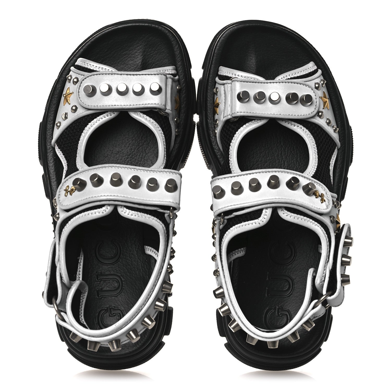 Gucci Technical Canvas Calfskin Reflective Studded Mens Aguru Sandals 6.5 Silver Black 2 of 9