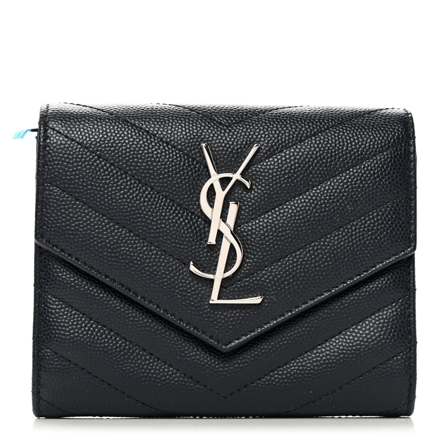 Saint Laurent Grain De Poudre Matelasse Chevron Monogram Compact Tri Fold Wallet Deep Marine 1 of 8