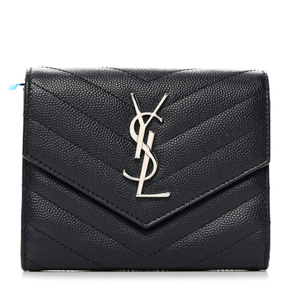 Saint Laurent Grain De Poudre Matelasse Chevron Monogram Compact Tri Fold Wallet Deep Marine 1 of 8