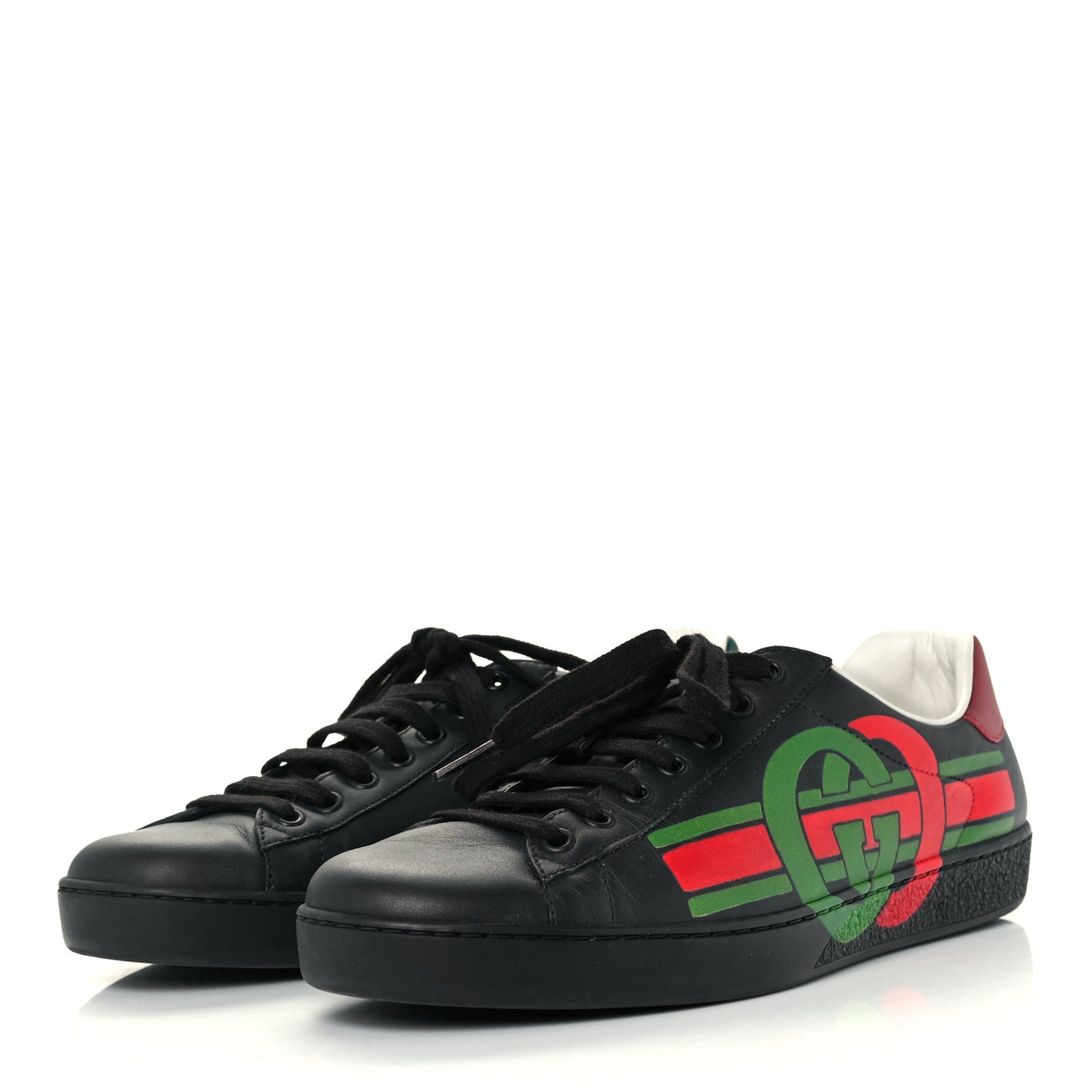 Calfskin Interlocking G Mens New Ace Sneakers 8 Black Red Flame Green