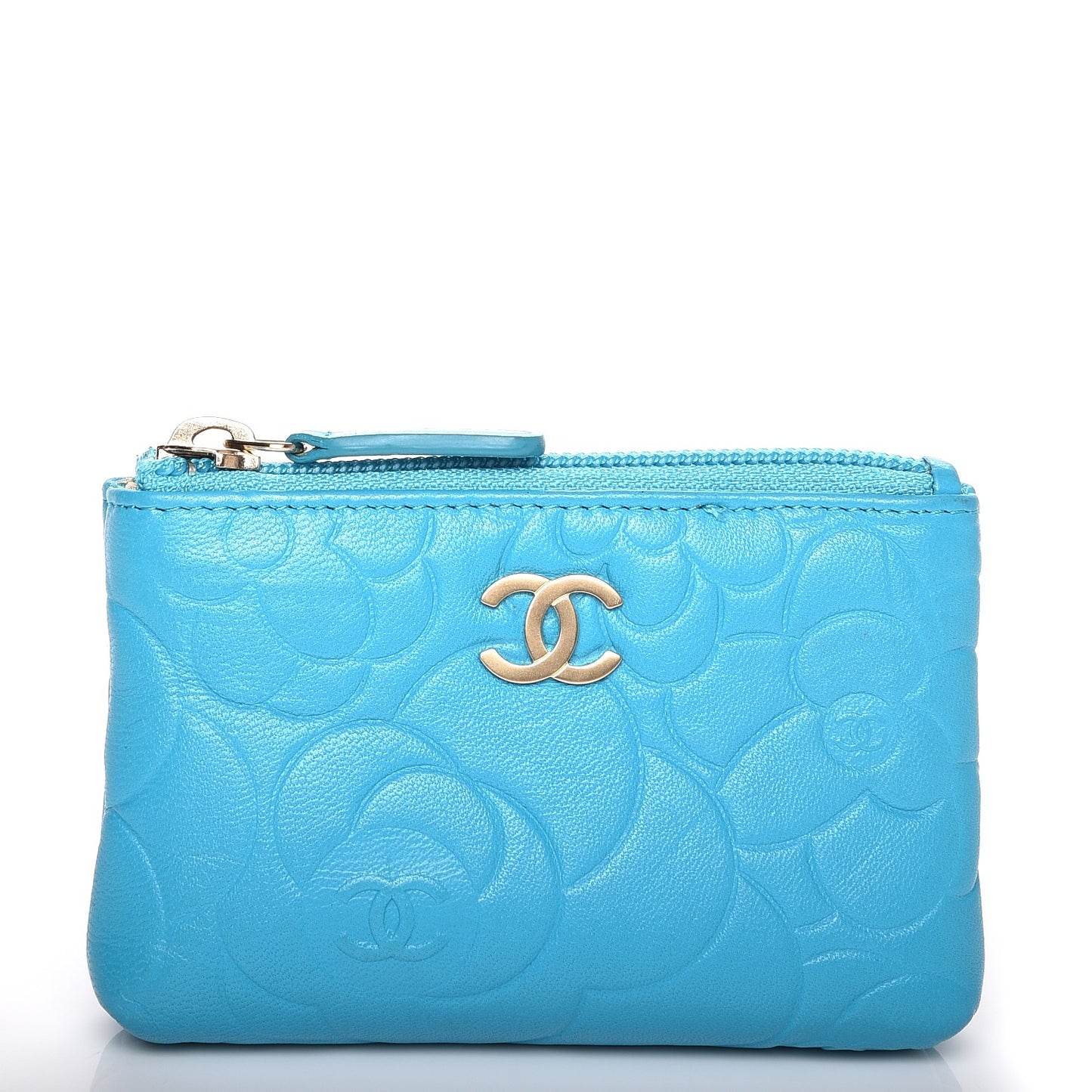 Lambskin Camellia Embossed Key Holder Case Turquoise