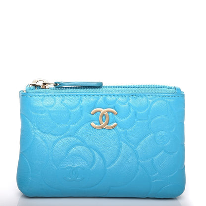 Chanel Lambskin Camellia Embossed Key Holder Case Turquoise 1 of 9