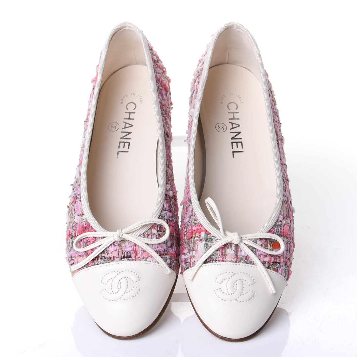 Tweed Calfskin Cap Toe Ballerina Flats 38 Pink