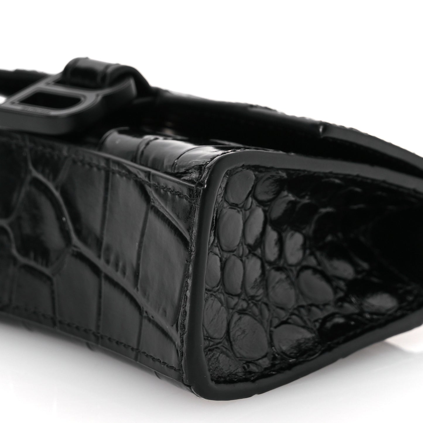 Shiny Calfskin Monochrome Crocodile Embossed Hourglass Top Handle Bag Mini with Chain Black