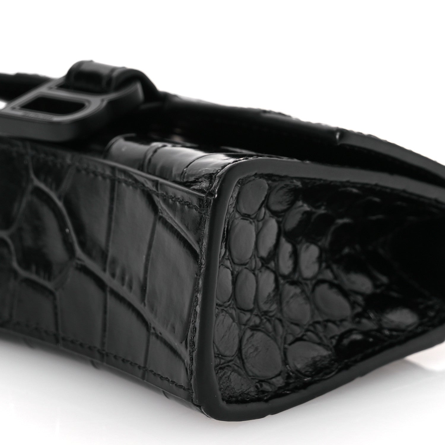 Balenciaga Shiny Calfskin Monochrome Crocodile Embossed Hourglass Top Handle Bag Mini with Chain Black 10 of 12