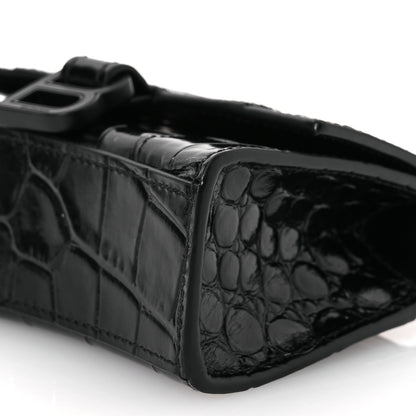 Balenciaga Shiny Calfskin Monochrome Crocodile Embossed Hourglass Top Handle Bag Mini with Chain Black 10 of 12
