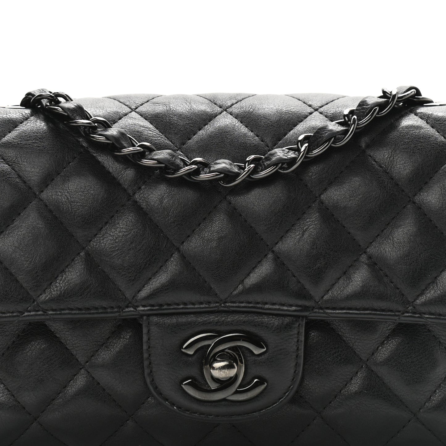 Crumpled Calfskin Quilted Mini Rectangular Flap So Black