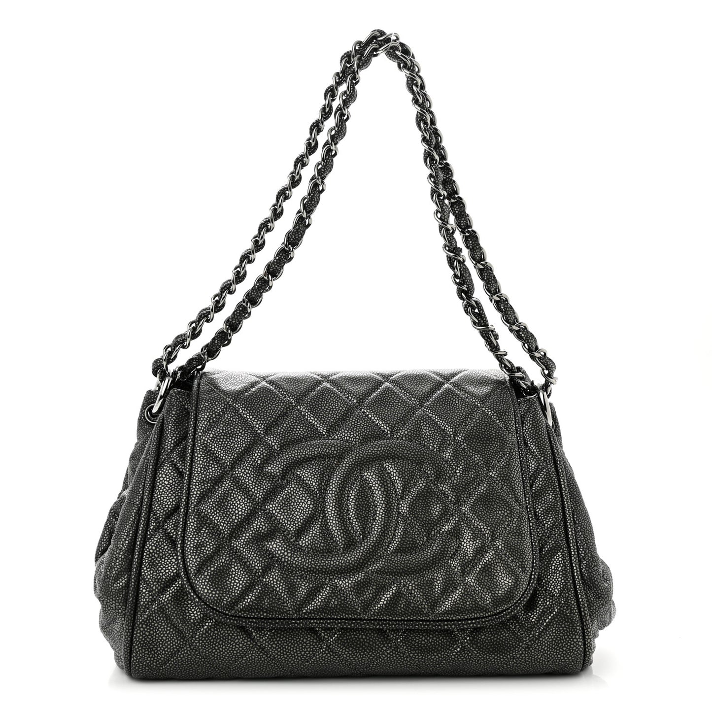Metallic Caviar Quilted Timeless Accordion Flap Dark Silver