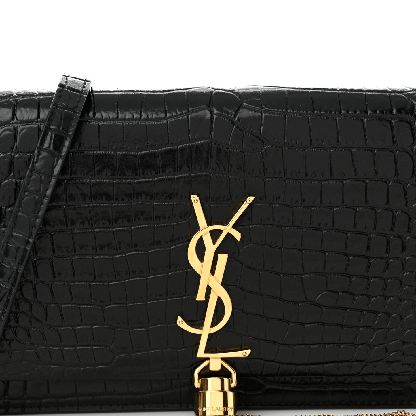 Calfskin Crocodile Embossed Kate Monogram Tassel Chain Wallet Black