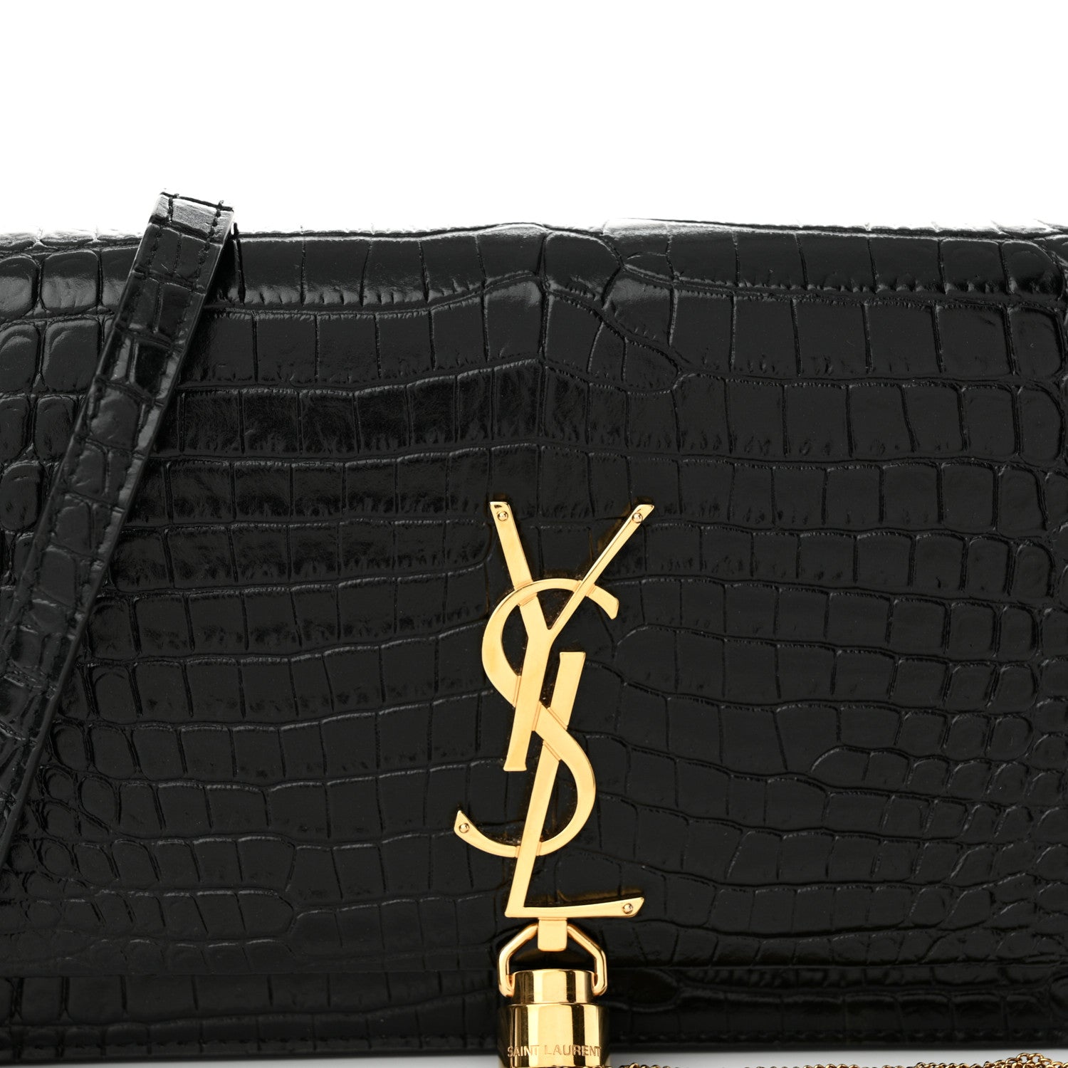 Saint Laurent Calfskin Crocodile Embossed Kate Monogram Tassel Chain Wallet Black 7 of 12