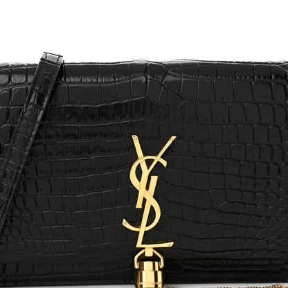 Saint Laurent Calfskin Crocodile Embossed Kate Monogram Tassel Chain Wallet Black 7 of 12