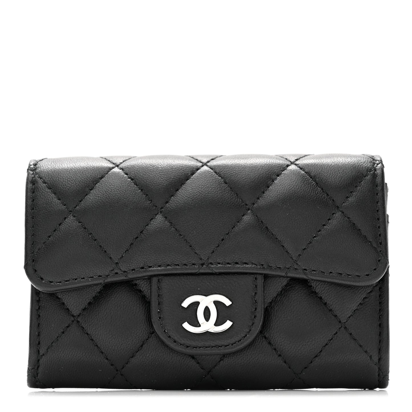 Lambskin Quilted Flap Card Holder Wallet Black
