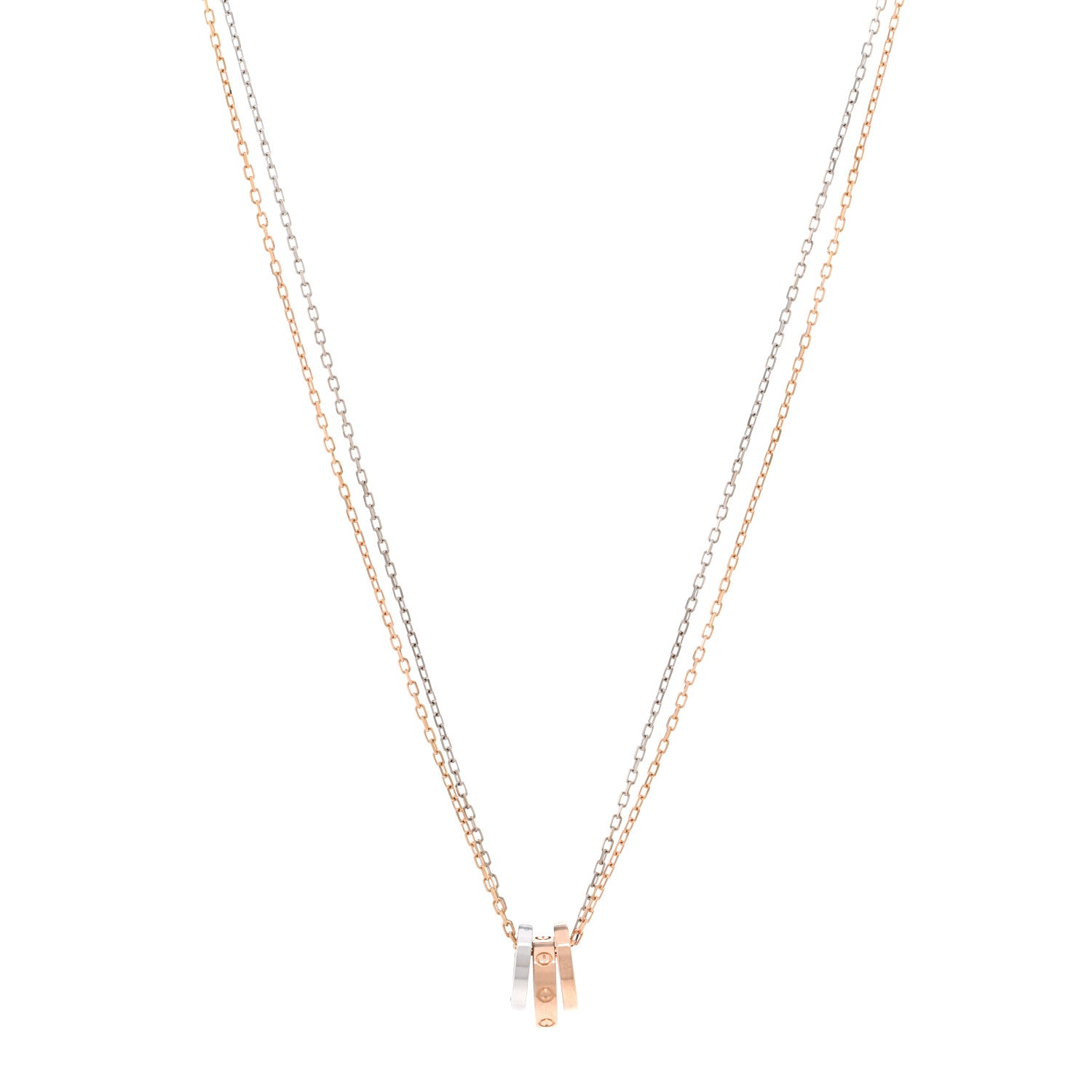 Cartier 18K White Pink Gold Diamond Three Ring LOVE Pendant Necklace 1 of 5