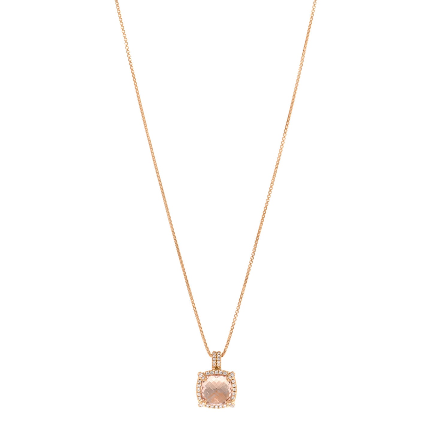 18K Rose Gold Diamond Morganite 9mm Petite Chatelaine Pave Bezel Pendant Necklace