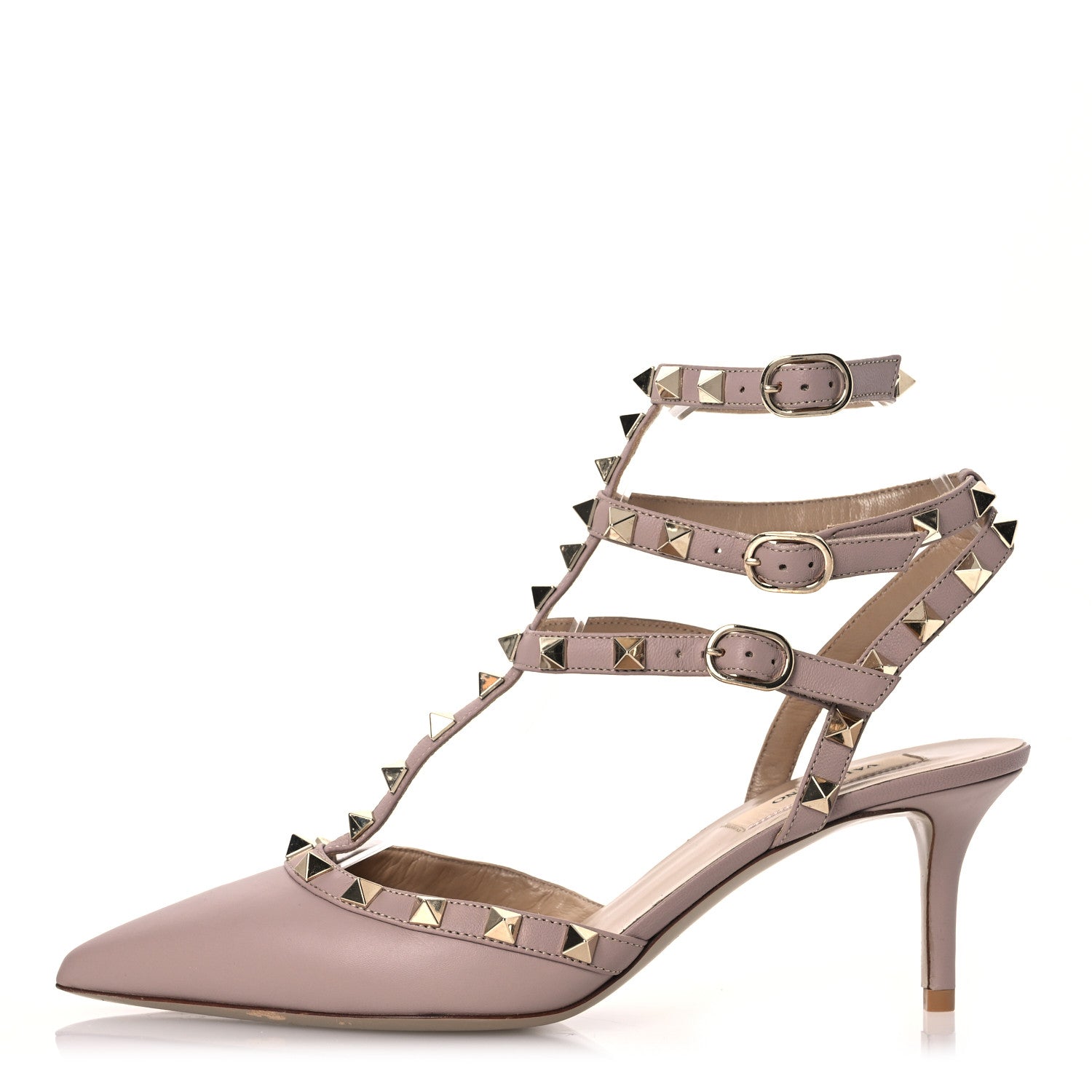Valentino Garavani Pebbled Calfskin Rockstud Ankle Strap 100mm Pumps 37.5 Poudre 1 of 11