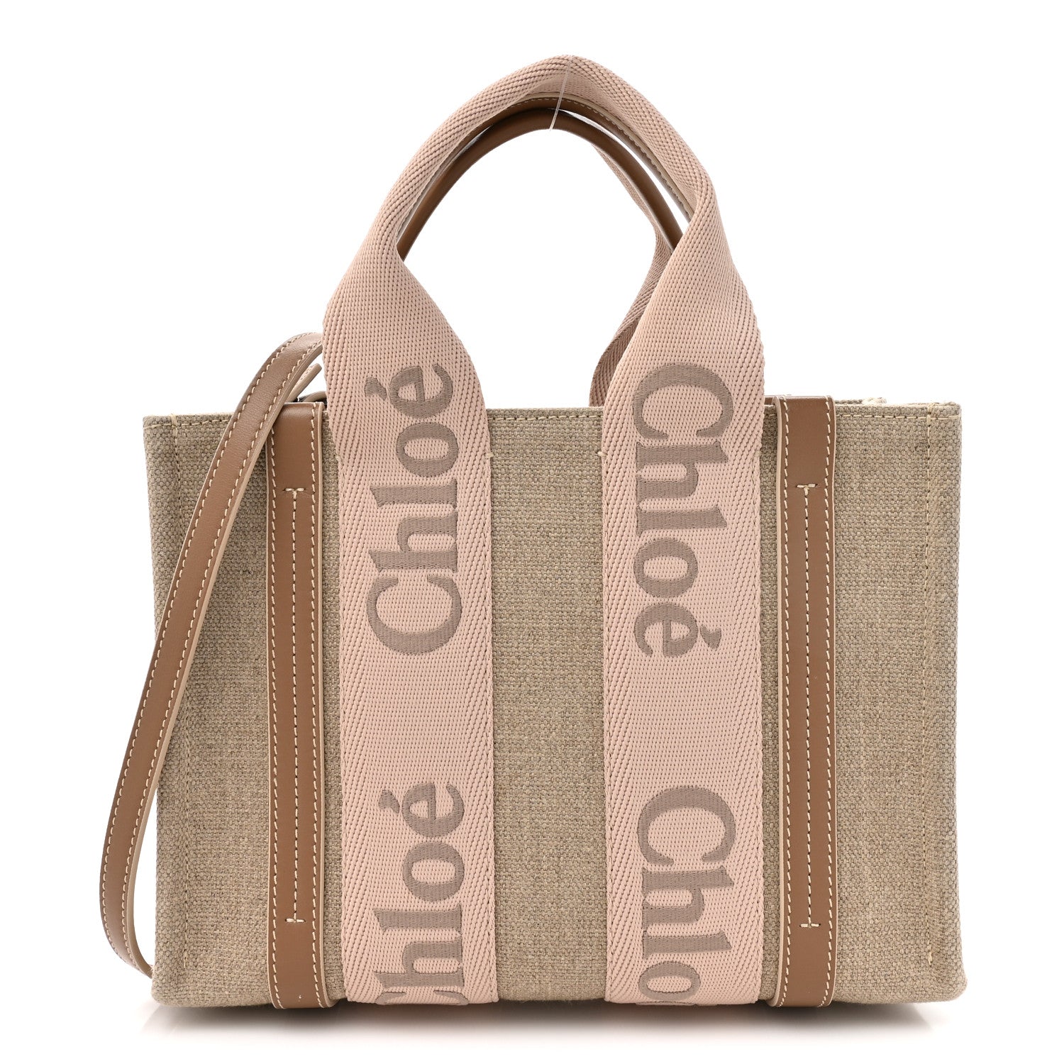 Chloe Cotton Calfskin Small Woody Ribbon Tote With Strap Blushy Beige 2 of 21