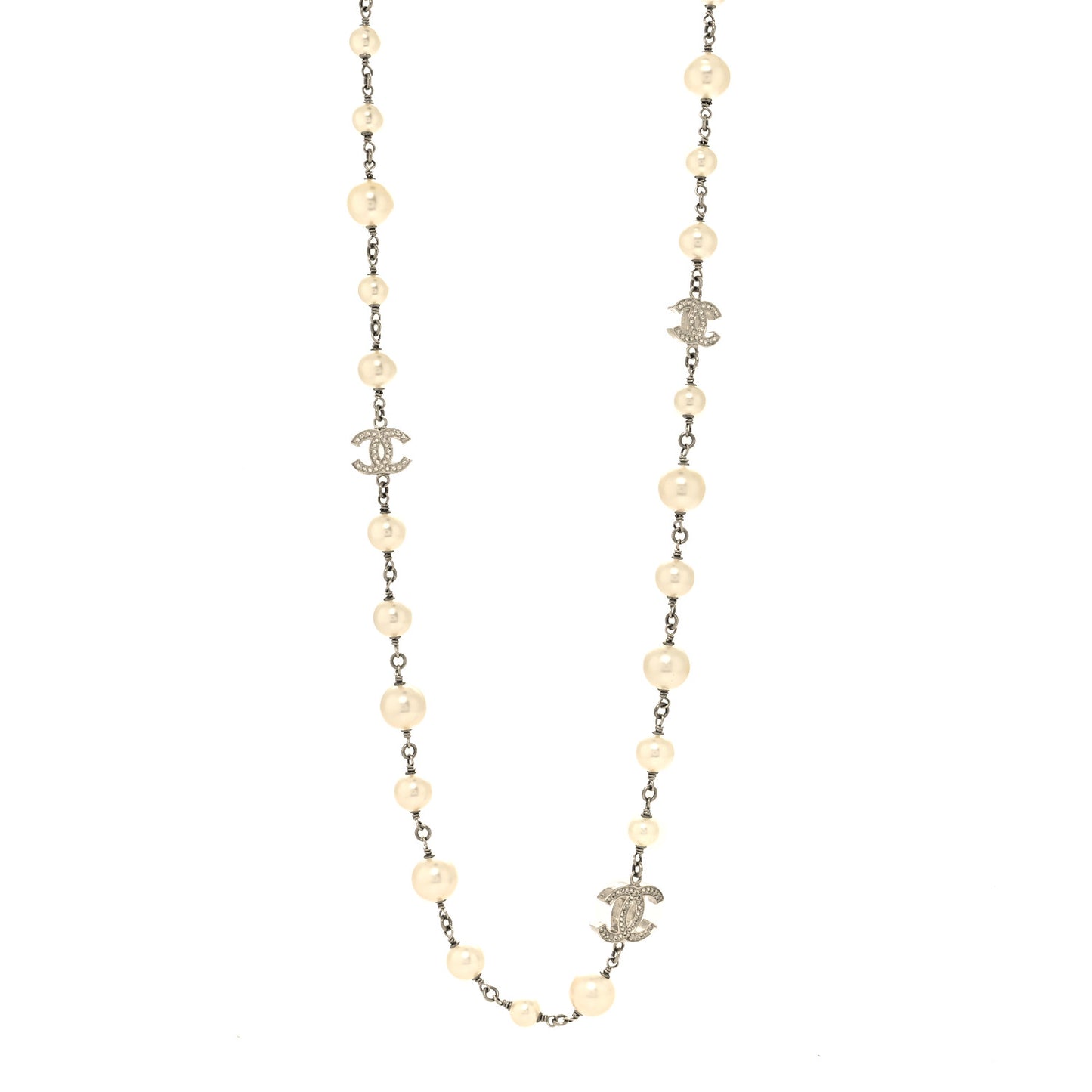Graduated Pearl Crystal CC Long Necklace Silver