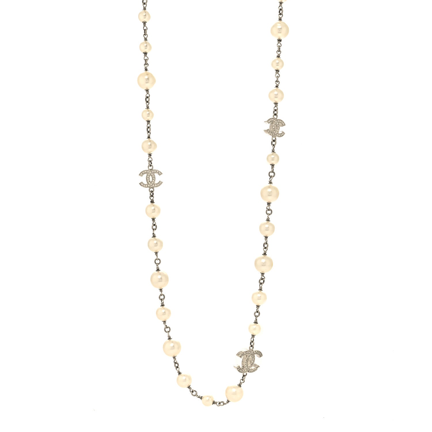 Chanel Graduated Pearl Crystal CC Long Necklace Silver 2 of 5