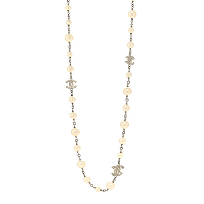 Chanel Graduated Pearl Crystal CC Long Necklace Silver 2 of 5