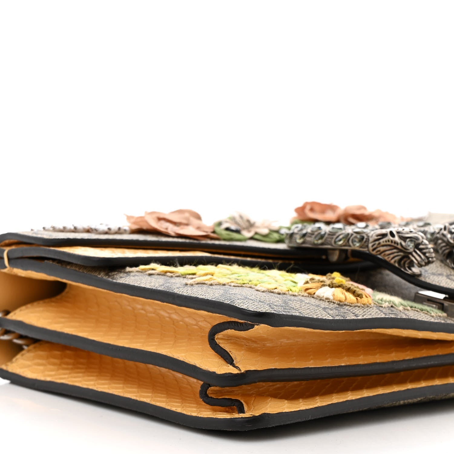 Gucci GG Supreme Monogram Snakeskin Flower Embroidered Medium Dionysus Shoulder Bag Beige Yellow 9 of 10