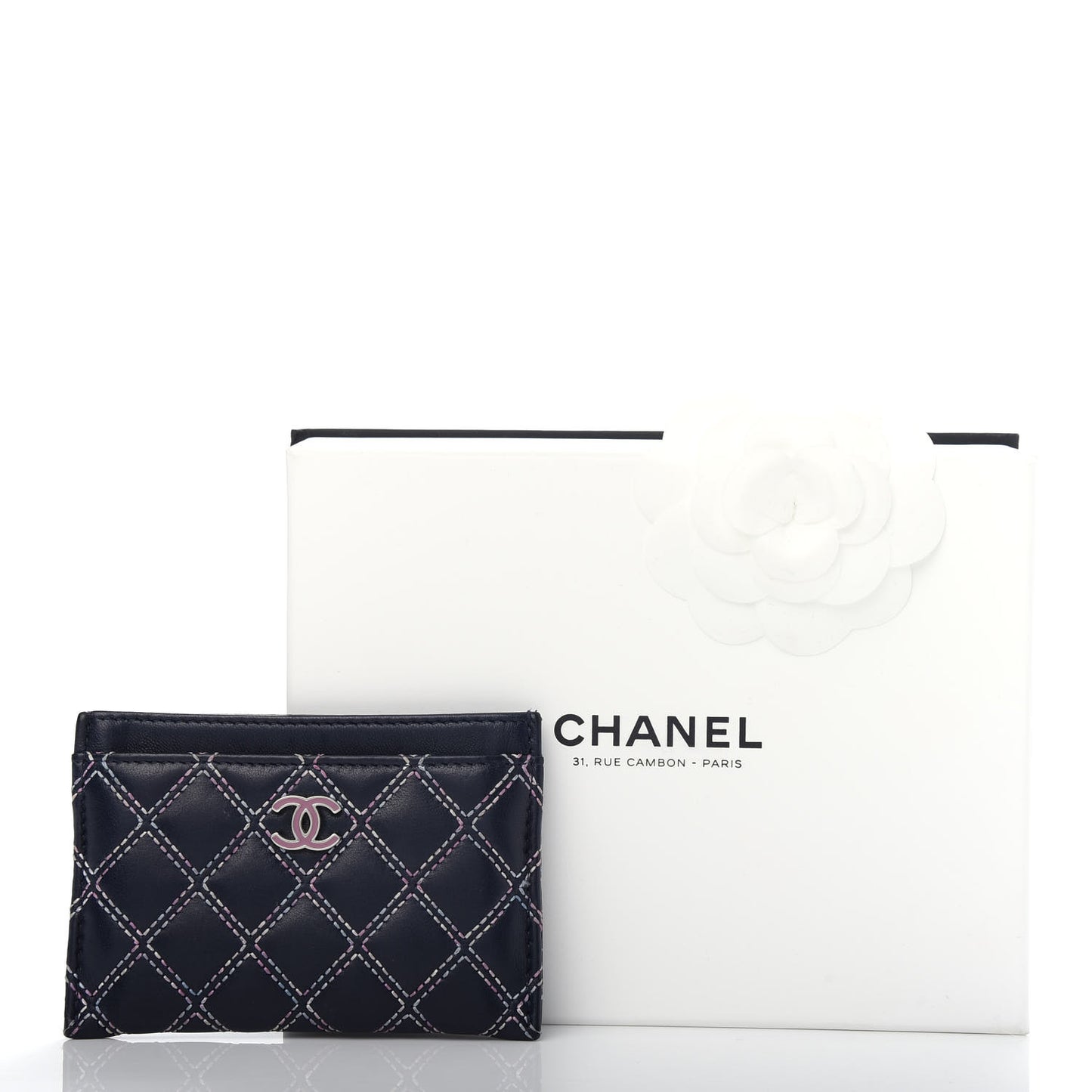 Lambskin Double Stitch Quilted Card Holder Navy Blue