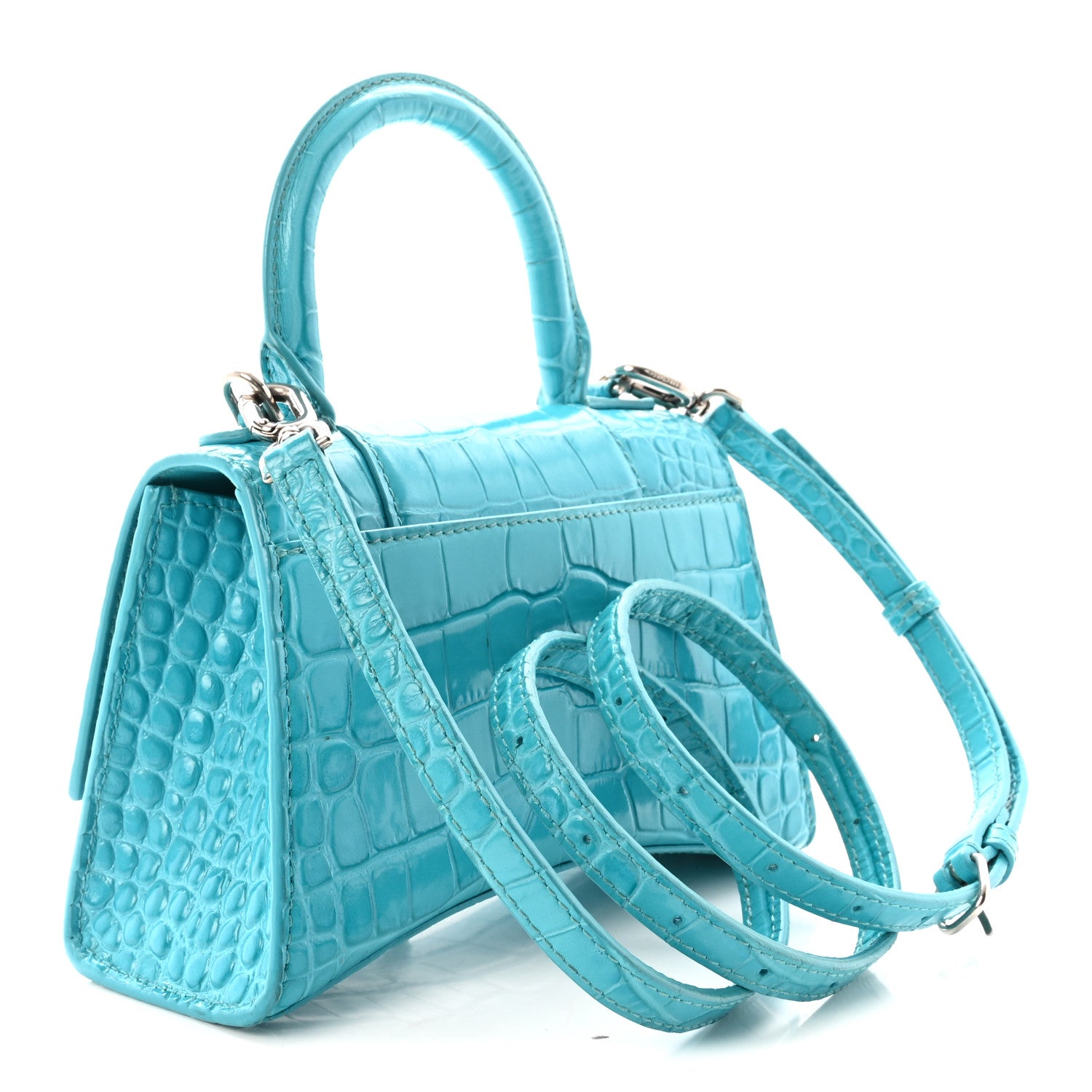 Balenciaga Shiny Calfskin Crocodile Embossed Hourglass Top Handle