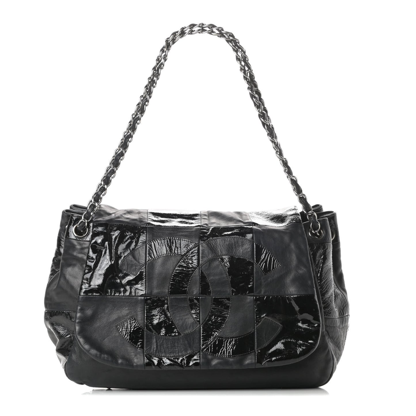 Lambskin Patent Calfskin Brooklyn Patchwork Accordion Flap Black